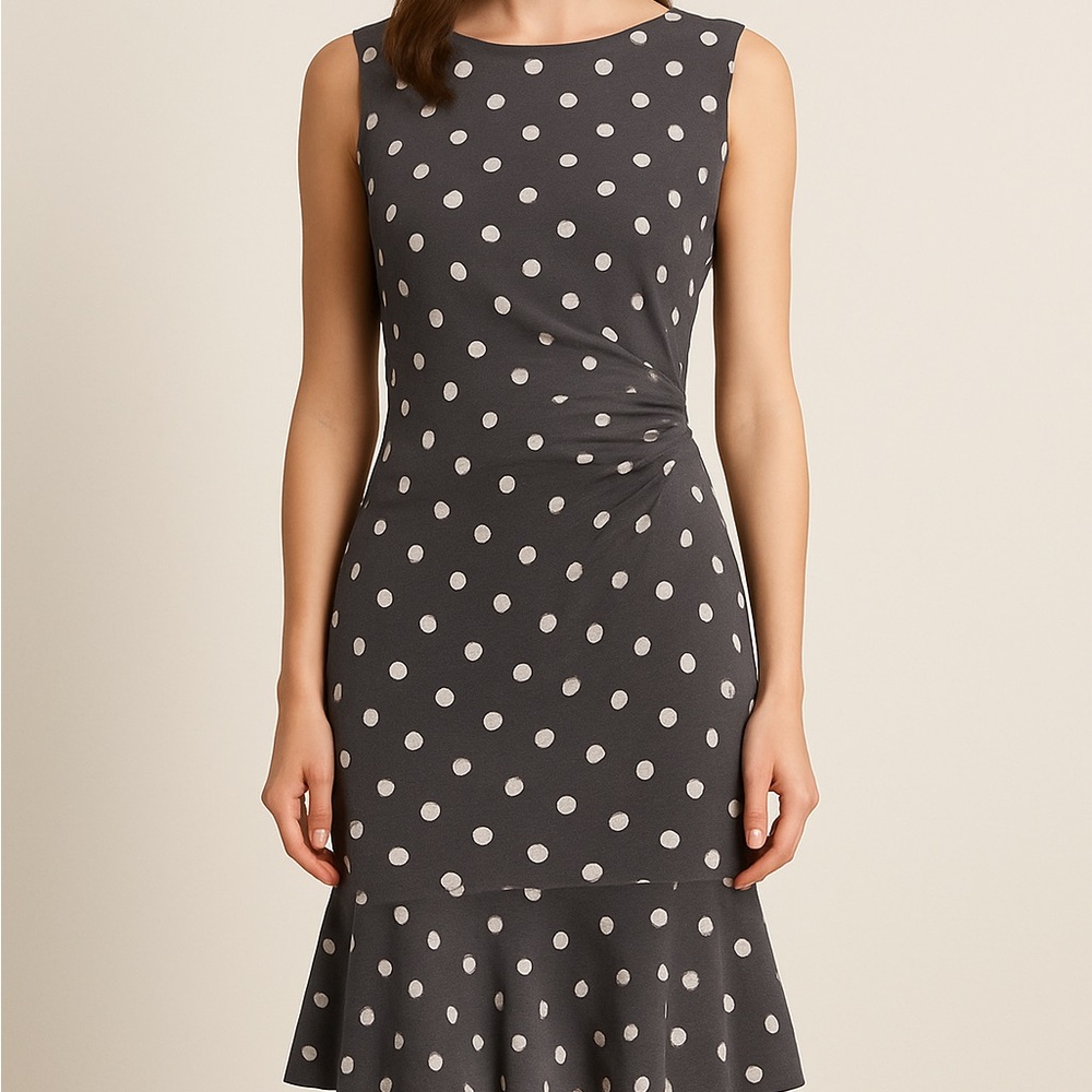 Ralph Lauren Gray White Polka Dot Ruched Knit Sheath Dress Size 6